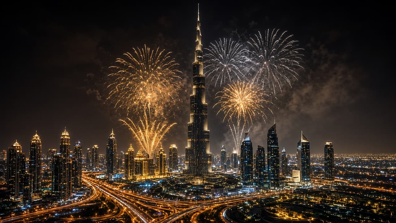 Fireworks over Burj Khalifa and Downtown Dubai on New Year’s Eve